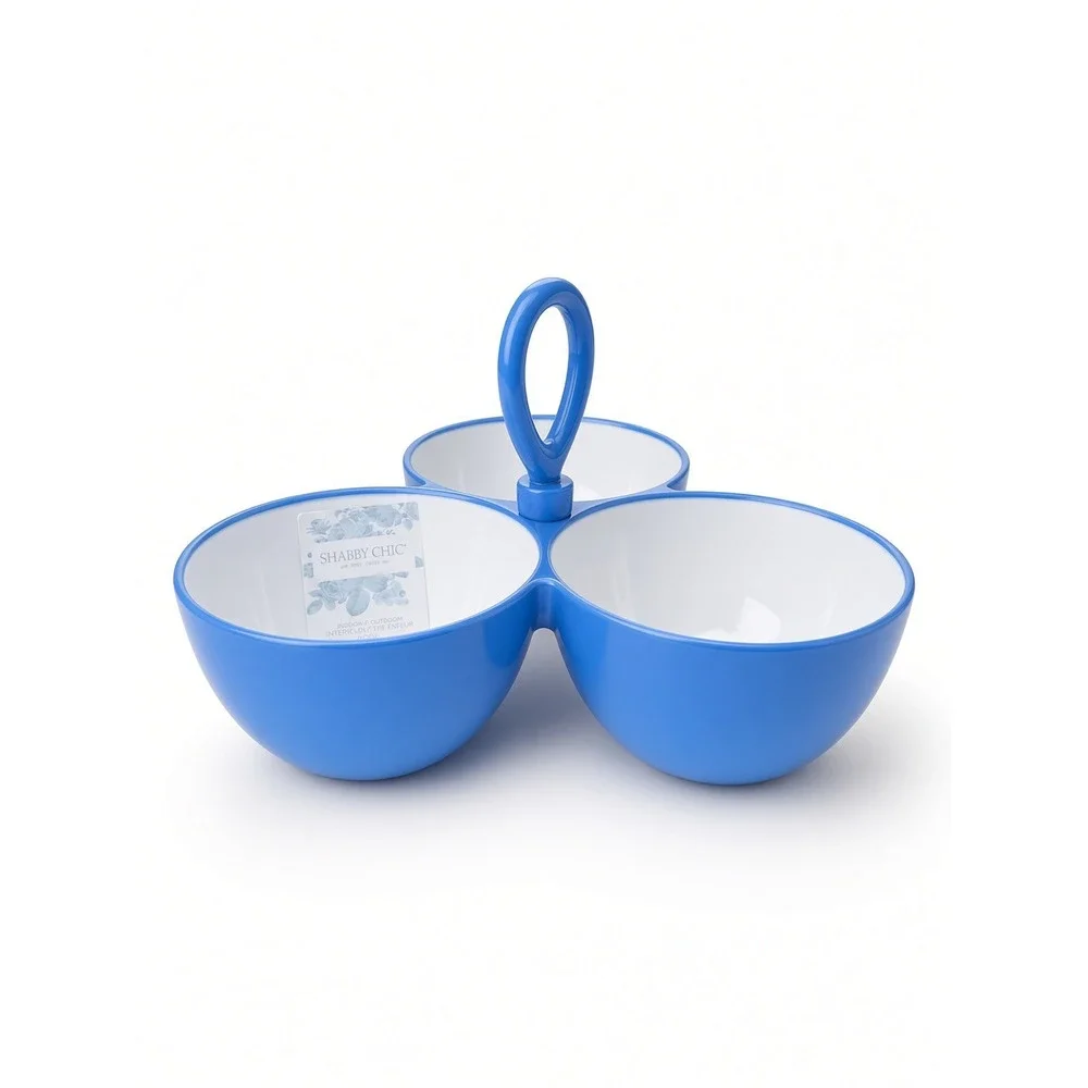 Shabby Chic Melamine 3 Section Condiment Server Blue White Floral Snack Bowl